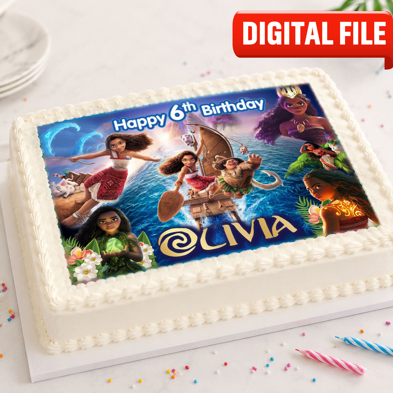 Moana birthday edible cake topper alternate cake display with personalized design