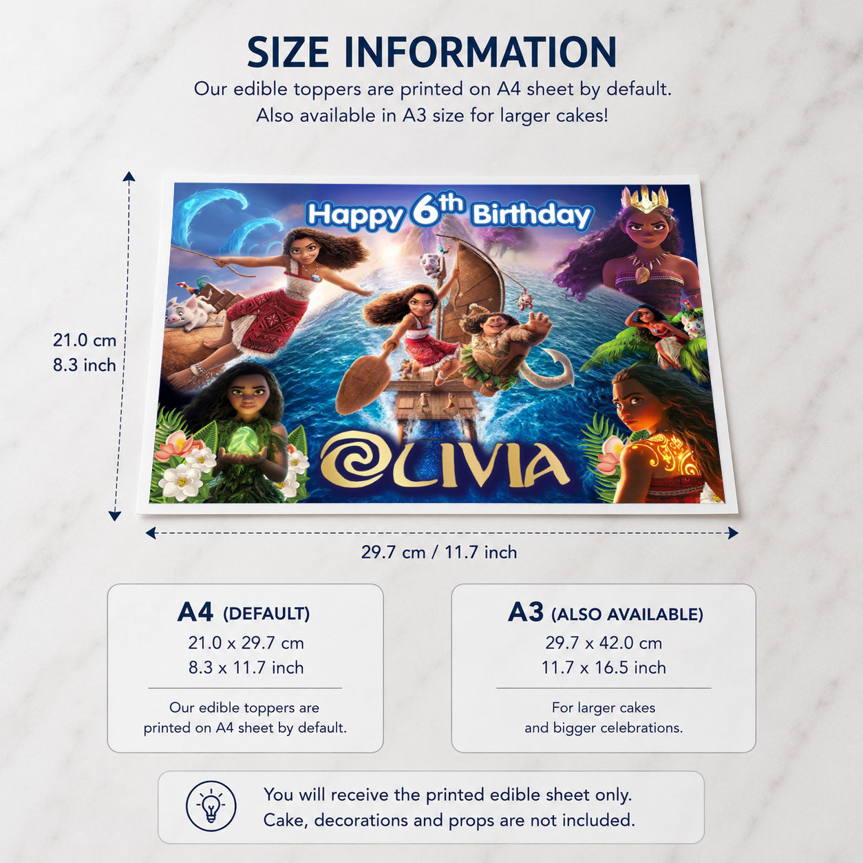 Moana birthday edible cake topper size guide showing rectangular sheet scale