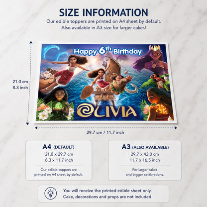Moana birthday edible cake topper size guide showing rectangular sheet scale
