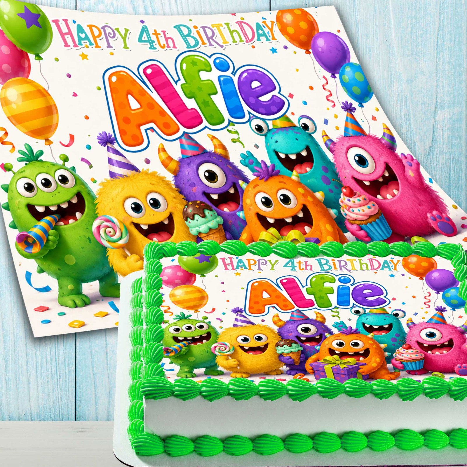 Monster birthday edible rectangular sheet cake decoration showing personalized print layout