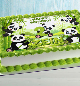 Personalized panda birthday cake topper edible image with custom name and age on decorated cake