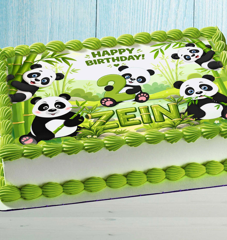 Personalized panda birthday cake topper edible image with custom name and age on decorated cake