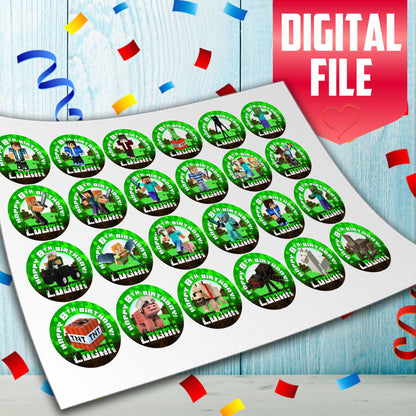 Edible Minecraft cupcake toppers with personalization 24 ready-made pieces - on waffle paper, sugar sheet or no-cut Chocotransfer