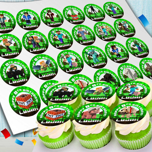 Edible Minecraft cupcake toppers with personalization 24 ready-made pieces - on waffle paper, sugar sheet or no-cut Chocotransfer