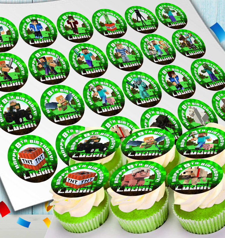 Edible Minecraft cupcake toppers with personalization 24 ready-made pieces - on waffle paper, sugar sheet or no-cut Chocotransfer