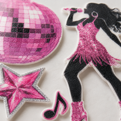 Close-up of disco dance party edible cake topper showing a singer figure, disco ball and star detail