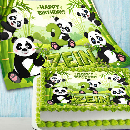 Panda bamboo birthday edible cake decoration showing personalized print with name and age