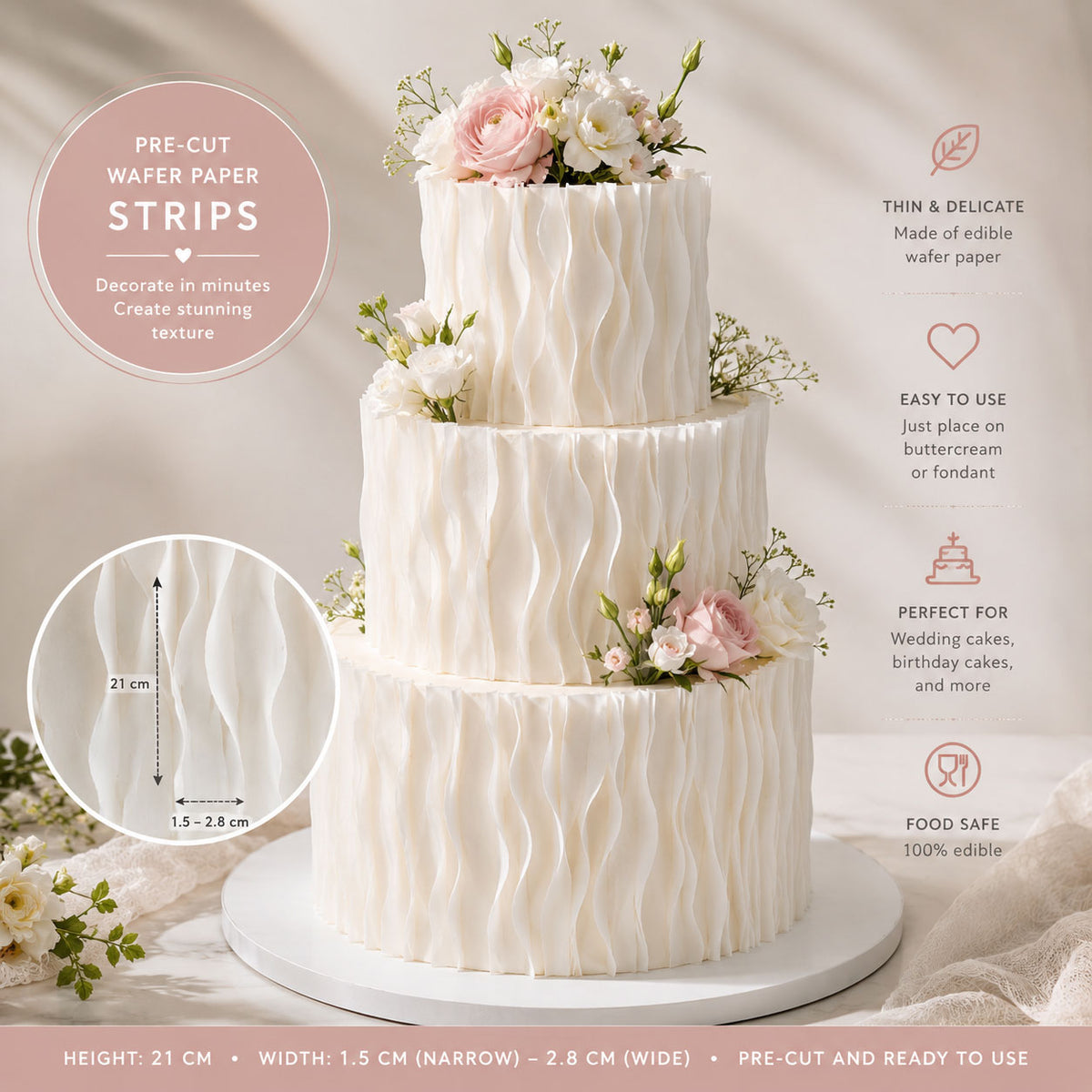White Wafer Paper Wavy Strips - Edible Cake Texture Decor