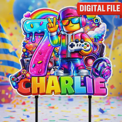 Gaming Birthday Cake Topper – Personalized Rainbow Gamer Party Decoration with Name & Age