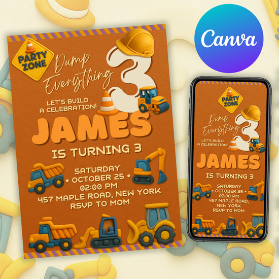 Clay style construction birthday invitation mockup with trucks and excavator — printable card and phone version.