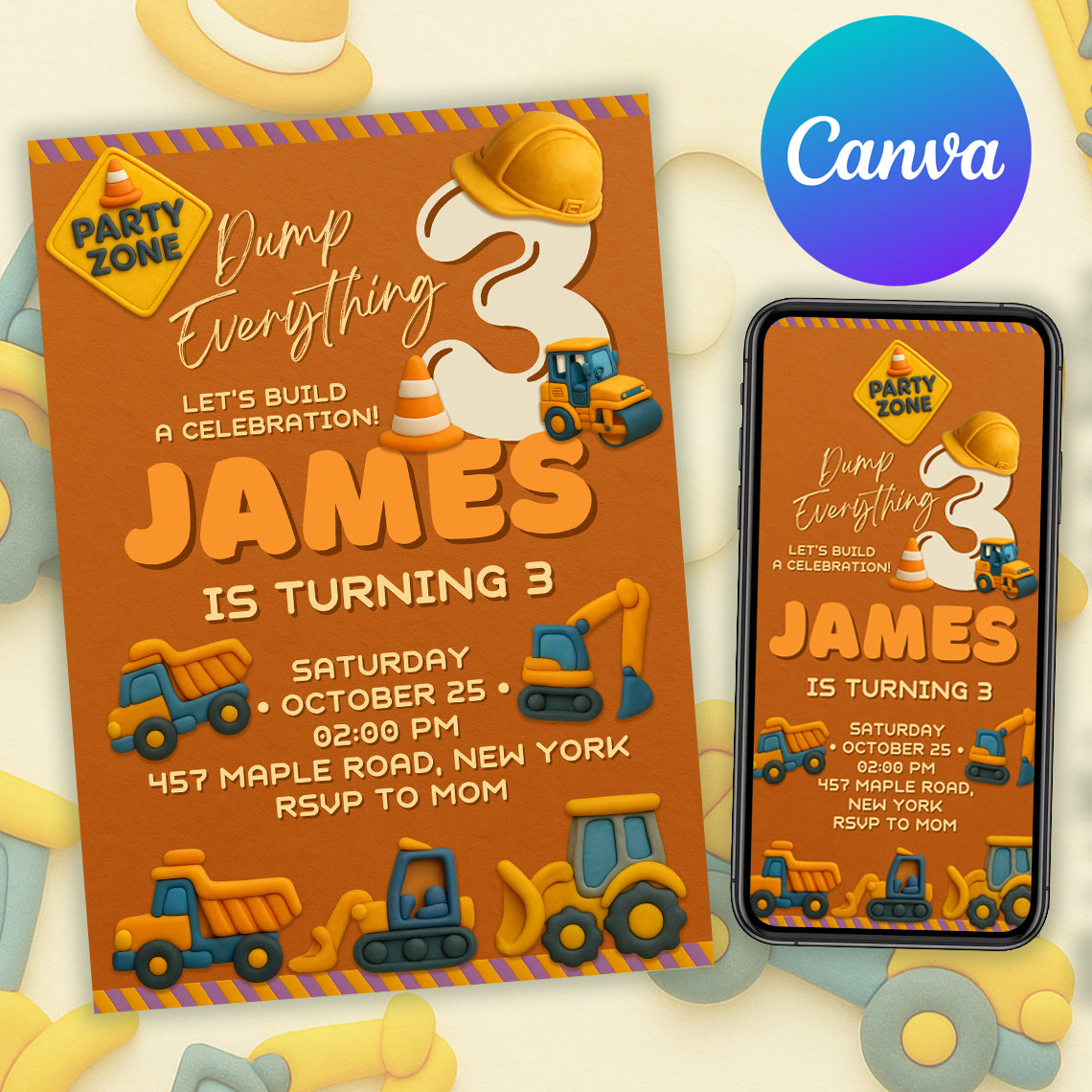 Clay style construction birthday invitation mockup with trucks and excavator — printable card and phone version.