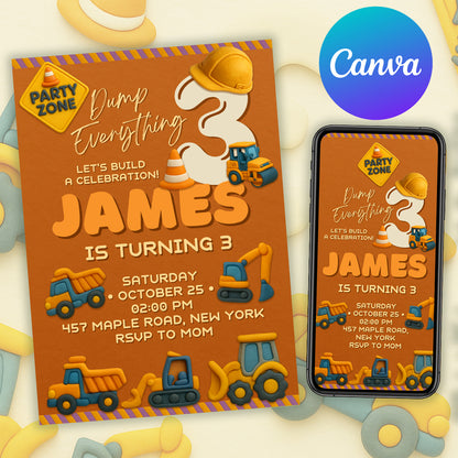 Clay style construction birthday invitation mockup with trucks and excavator — printable card and phone version.