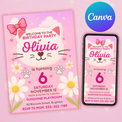 Pink cute cat birthday invitation mockup with phone preview — editable Canva template for girls party.