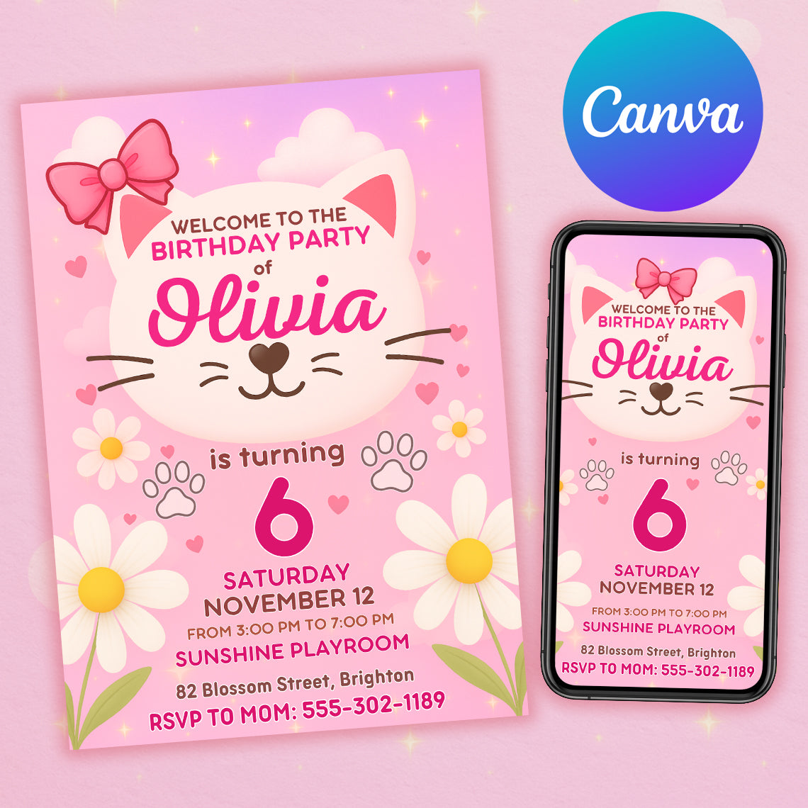 Pink cute cat birthday invitation mockup with phone preview — editable Canva template for girls party.