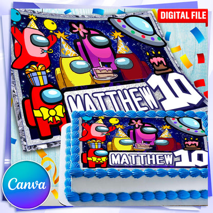 Among Us Birthday Themed Edible Cake Topper - Rectangular Design - Wafer Paper, Sugar Sheet, Chocotransfer