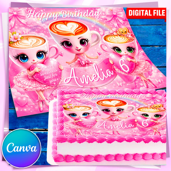 Printable pink ballerina coffee cake topper template with cute latte cup characters, personalized birthday design, Canva digital file