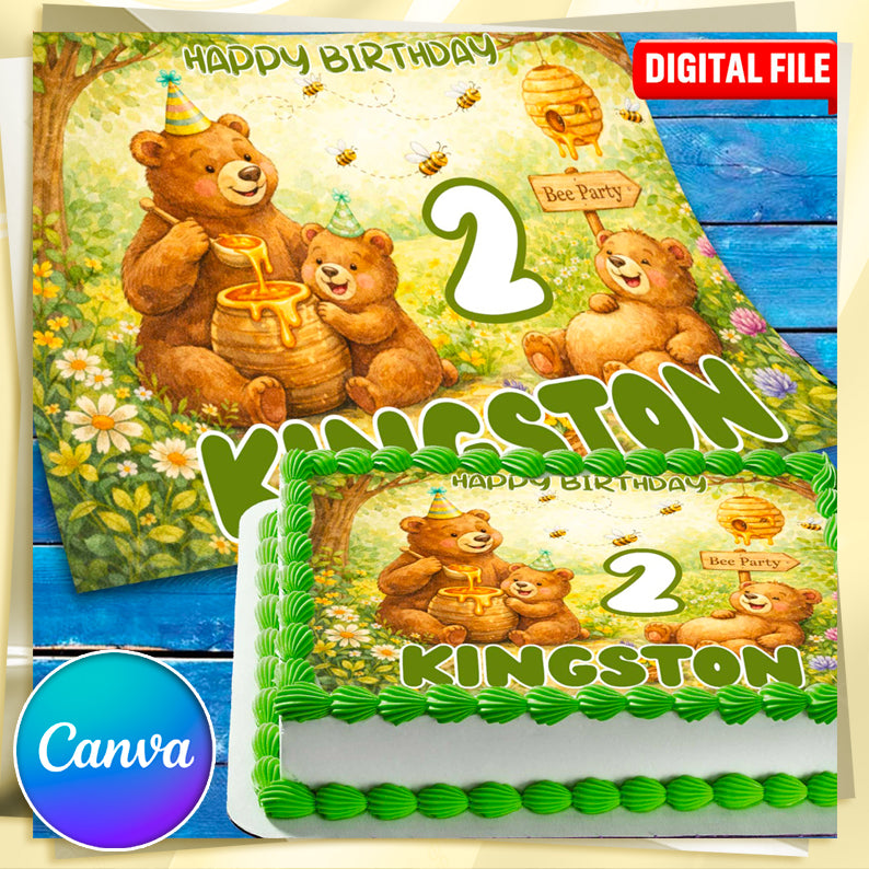 Printable Bear Birthday Cake Topper Canva template – Bee Party design for kids celebration