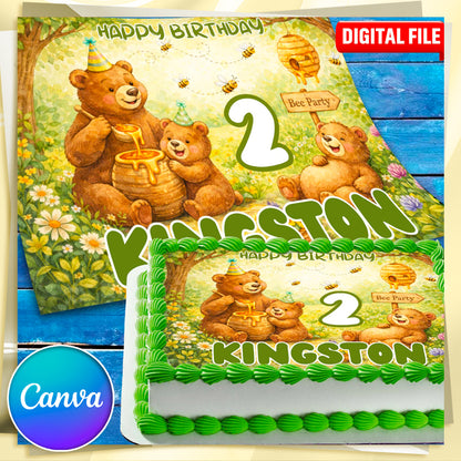 Printable Bear Birthday Cake Topper Canva template – Bee Party design for kids celebration