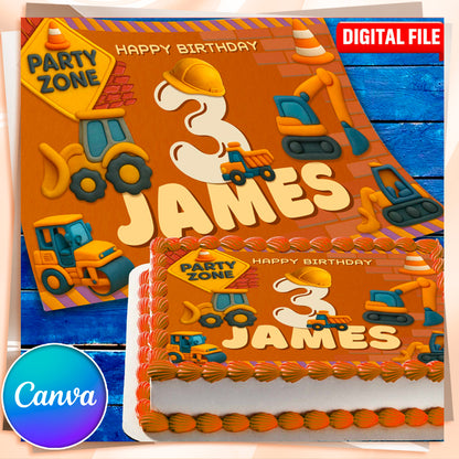 Edible construction cake topper with bulldozer and excavator design