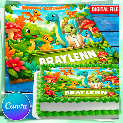 Dinosaur birthday cake topper digital download, editable name and age, A3 printable format