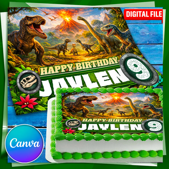 Editable Dinosaur Birthday Cake Topper Canva Template, printable A3 digital download with custom name and age