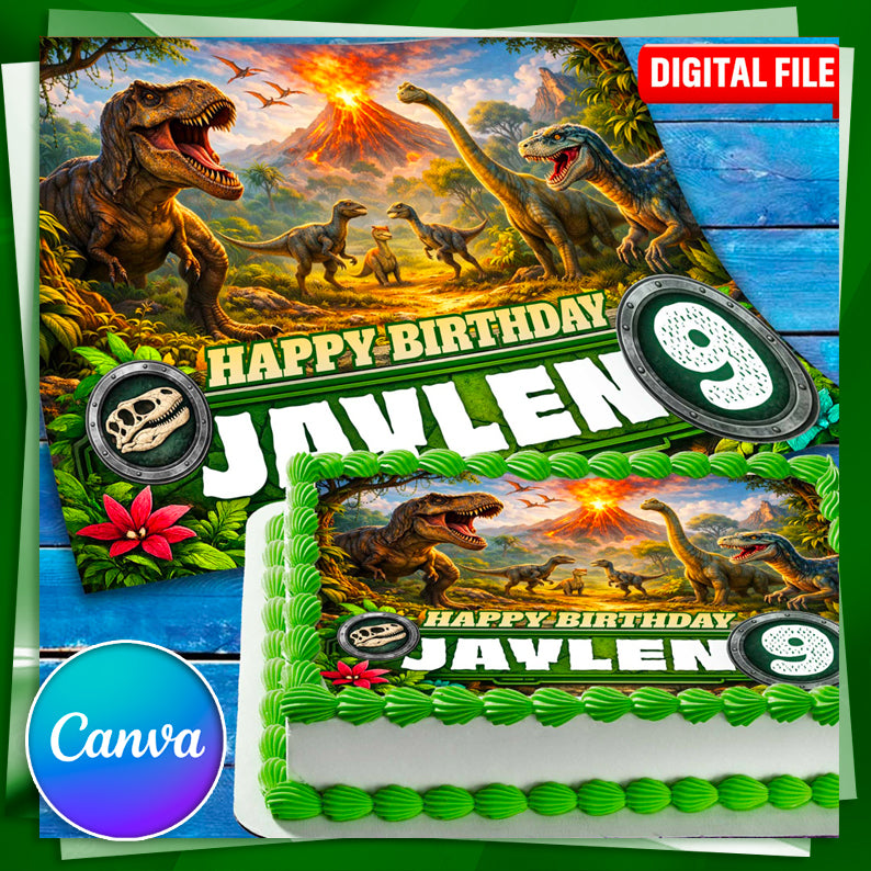 Editable Dinosaur Birthday Cake Topper Canva Template, printable A3 digital download with custom name and age