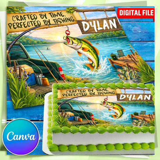 Editable Fishing Birthday Cake Topper Template in Canva – Personalized Digital File with Name for Kids Fishing Party