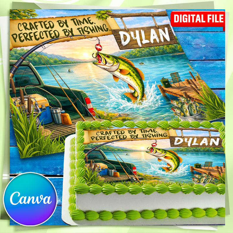 Editable Fishing Birthday Cake Topper Template in Canva – Personalized Digital File with Name for Kids Fishing Party