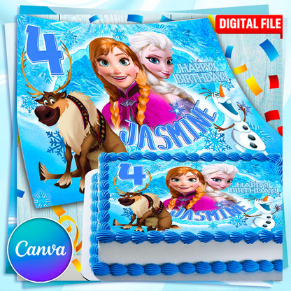 Frozen Birthday Themed Edible Cake Topper - Rectangular Design - Wafer Paper, Sugar Sheet, Chocotransfer