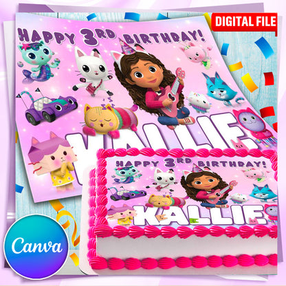 Gabbys dollhouse Birthday Themed Edible Cake Topper - Rectangular Design - Wafer Paper, Sugar Sheet, Chocotransfer