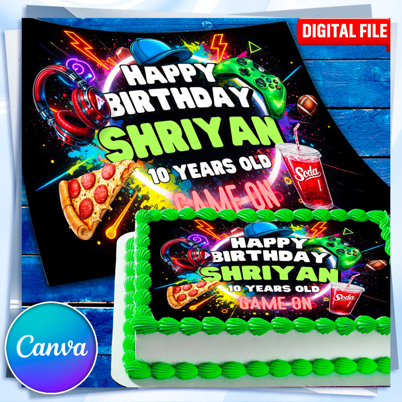Personalized neon gamer cake topper with name and age for kids gaming birthday cake