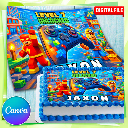 Canva editable gaming cake topper template, digital download for kids birthday, customizable name and age, printable design