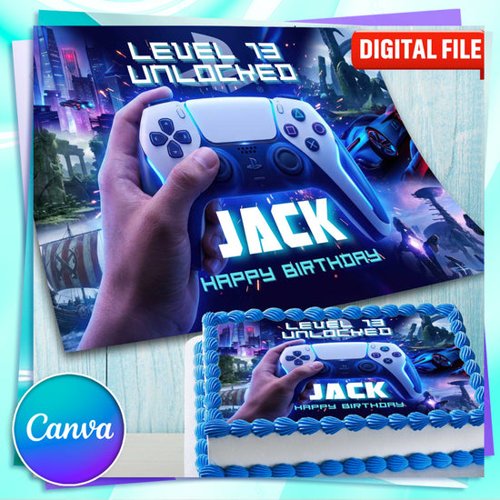 Editable gaming birthday cake topper with game controller design, level unlocked theme and custom name, Canva digital file
