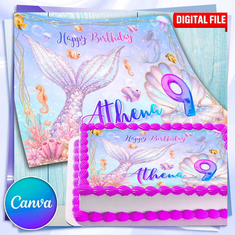 Custom mermaid cake topper ready to place on birthday cake