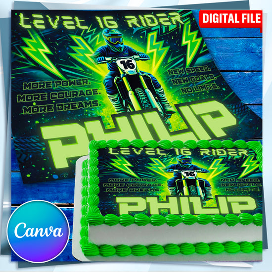 Printable motocross birthday cake topper with rider design, personalized name and age, Canva digital file