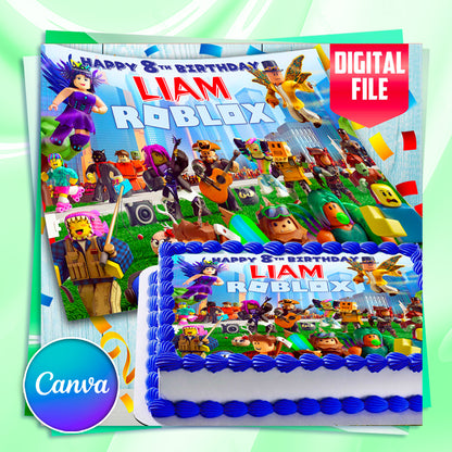 Roblox Birthday Cake Topper – Personalized Edible Image – Custom Gamer Party Decoration – Wafer Paper, Sugar Sheet, Chocotransfer