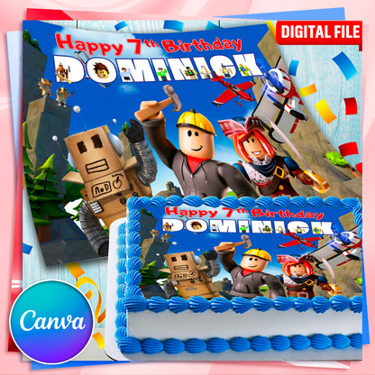 Roblox Birthday Themed Edible Cake Topper - Rectangular Design - Wafer Paper, Sugar Sheet, Chocotransfer