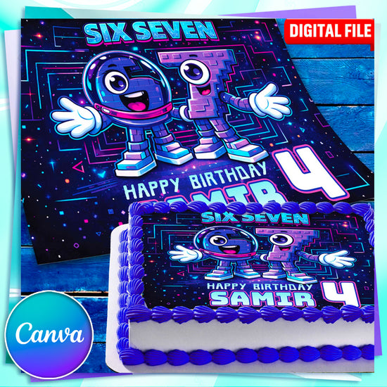 Editable Six Seven birthday cake topper Canva template, digital printable file with name and age, kids party decoration