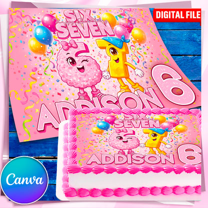 Editable Six Seven birthday cake topper Canva template, pink design with name and age, digital file for kids party