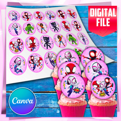 Pink Spidey Edible Cupcake Toppers – 24 Precut on Wafer Paper, Sugar Sheet or Uncut Chocotransfer