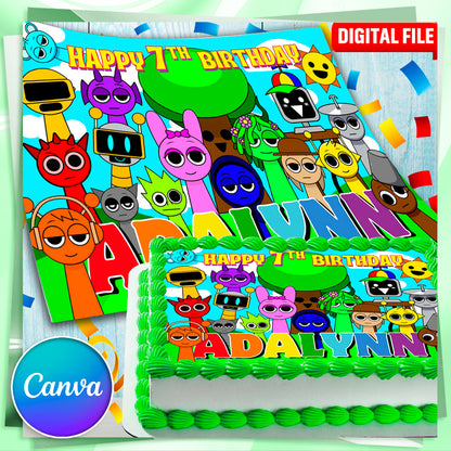 Sprunki Edible Cake Topper for Kids Birthday – Rectangular Design – Wafer Paper, Sugar Sheet or Chocotransfer
