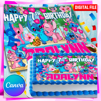 Stitch and Angel Birthday Themed Edible Cake Topper - Rectangular Design - Wafer Paper, Sugar Sheet, Chocotransfer