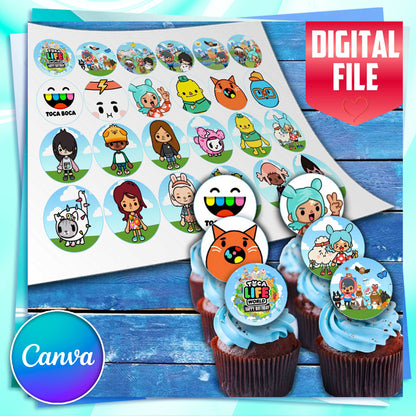 Toca Life Edible Cupcake Toppers - 24 Pre-Cut Pieces on Wafer Paper, Sugar Sheet, or without cutting Chocotransfer