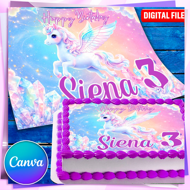 Personalized unicorn birthday cake topper with name and age, pastel fantasy design