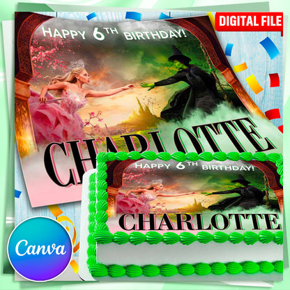 Topper de Bolo de Aniversário Wicked - Design Retangular - Papel de Açúcar, Papel Waffle, Chocotransfer