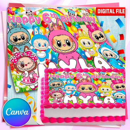Labubu Birthday Cake Topper – Edible Image for Kids Party – Cute Forest Monster Theme – Wafer, Sugar Sheet, Chocotransfer