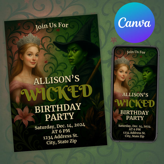 Editable fantasy witch birthday invitation shown in print and mobile format Canva template