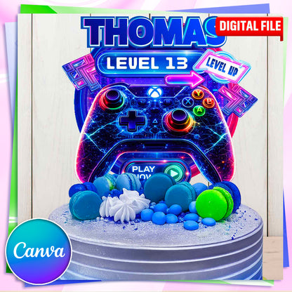 Gaming birthday cake topper digital file preview, level up controller design with custom name and age