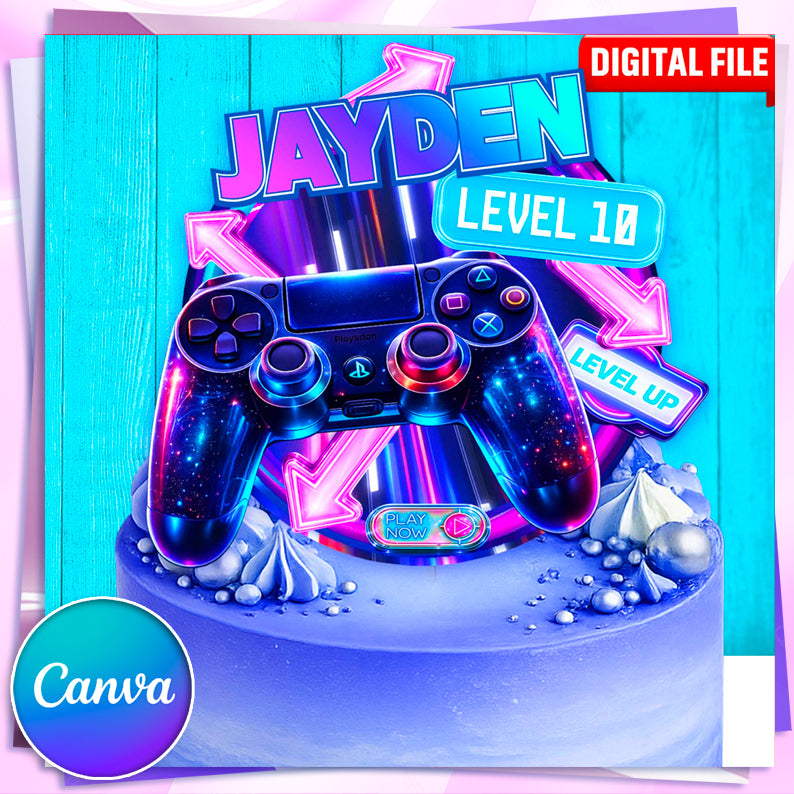 Canva editable gaming cake topper template, level up birthday design with controller and neon arrows