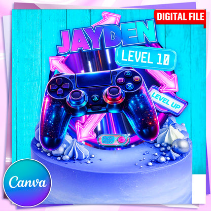 Canva editable gaming cake topper template, level up birthday design with controller and neon arrows